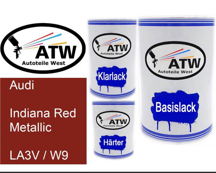 Audi, Indiana Red Metallic, LA3V / W9: 500ml Lackdose + 500ml Klarlack + 250ml Härter - Set, von ATW Autoteile West.